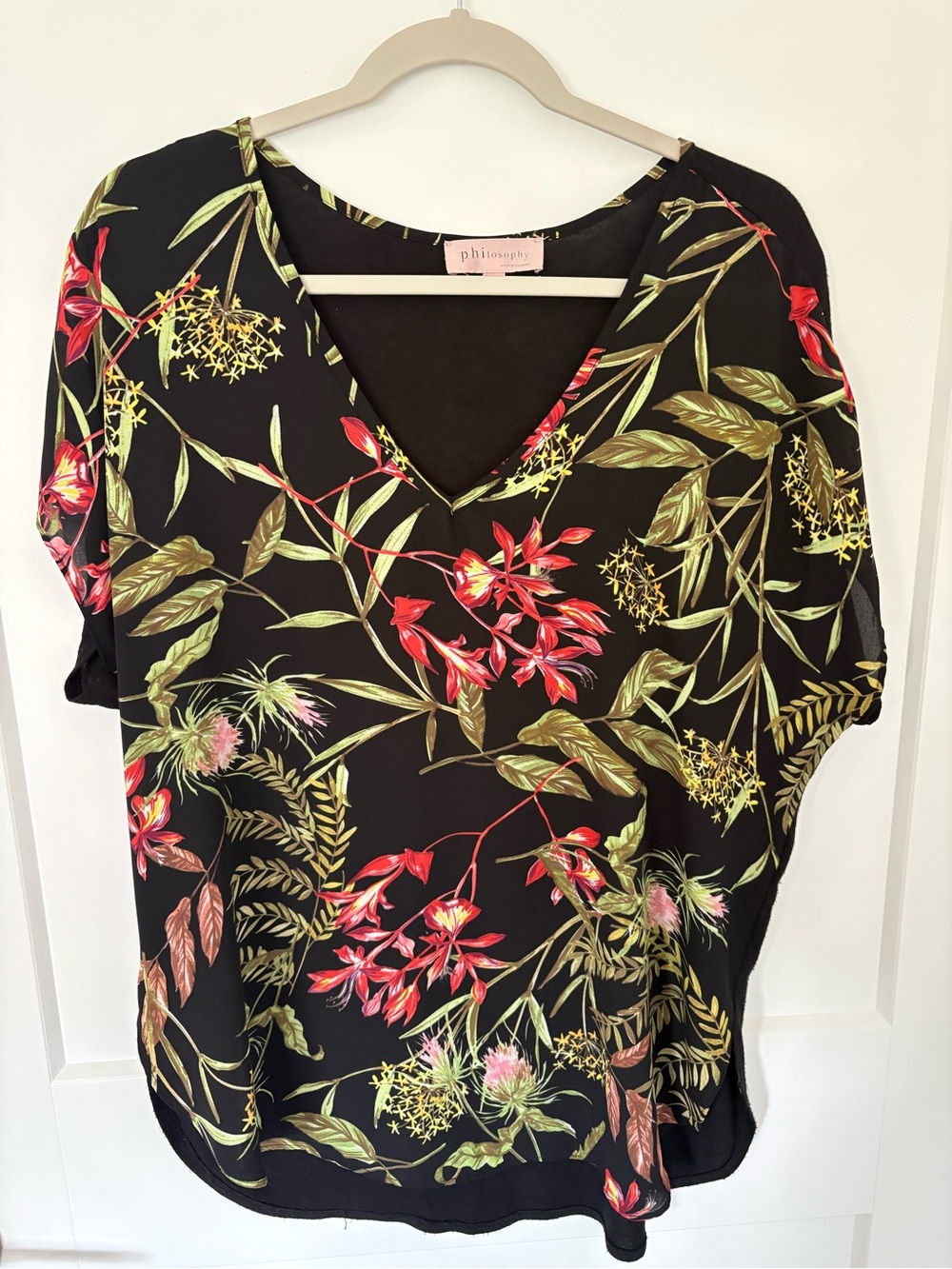 Philosophy Black Floral V-Neck Blouse with Red & Green Botanical Print